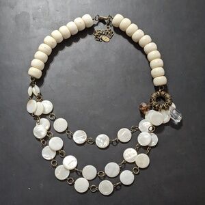 ROBERT Rose Chunky Cream Beaded White Shell Disc Layered Statement Necklace